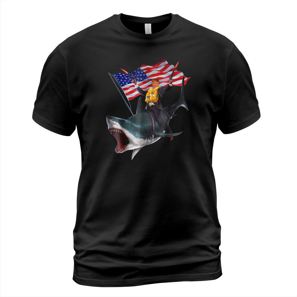 Donald Trump Riding Shark 4th Of July American Flag shirt T-Shirt Unisex