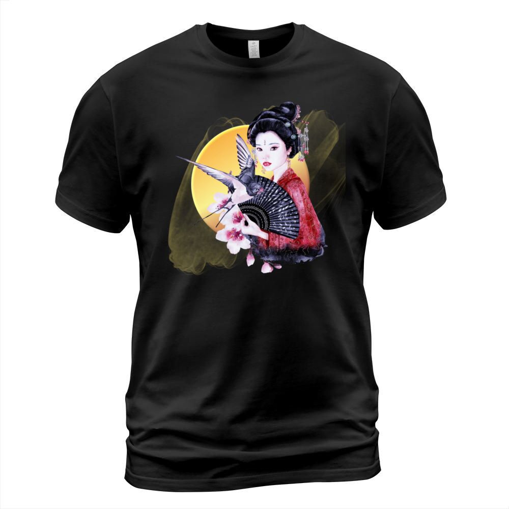 Japanese Geisha Bamboo Cherry Blossom Graphic Art T-Shirt Unisex