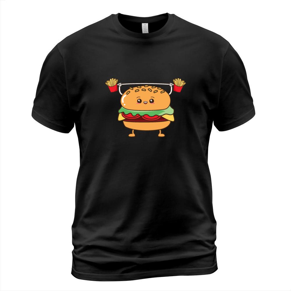 Hamburger Cheeseburger Fries Weightlifting Cartoon T-Shirt Unisex