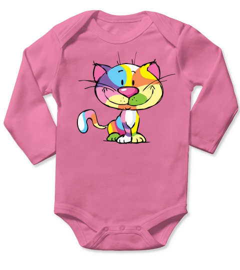 Cute Kitty Cartoon Colorful Pop Art Design Long Sleeve Baby One-Piece
