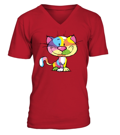 Cute Kitty Cartoon Colorful Pop Art Design V-Neck T-shirt