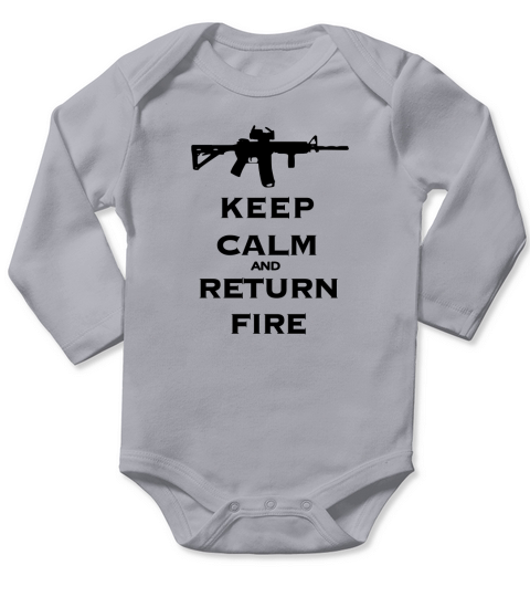 Mens Black Keep Calm &amp;amp; Return Fire T Shirt Long Sleeve Baby One-Piece