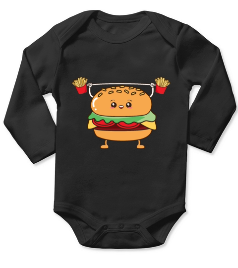 Hamburger Cheeseburger Fries Weightlifting Cartoon Long Sleeve Baby One-Piece