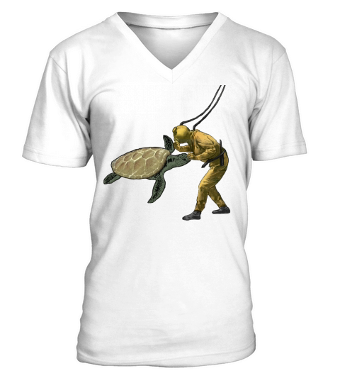 Vintage Diver with Diving Helmet and a Huge Turtle V-Neck T-shirt