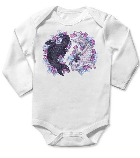 Yin Yang Koi Fish with sakura flowers Long Sleeve Baby One-Piece