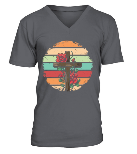 Retro Vintage Roses Cross Design V-Neck T-shirt