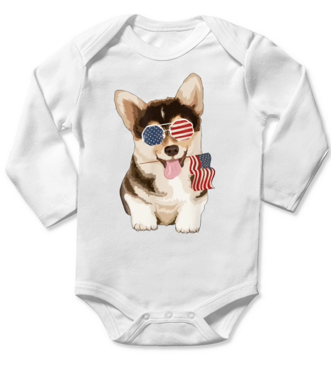 Pembroke Welsh Corgi Dog American Flag Sunglasses shirt Long Sleeve Baby One-Piece