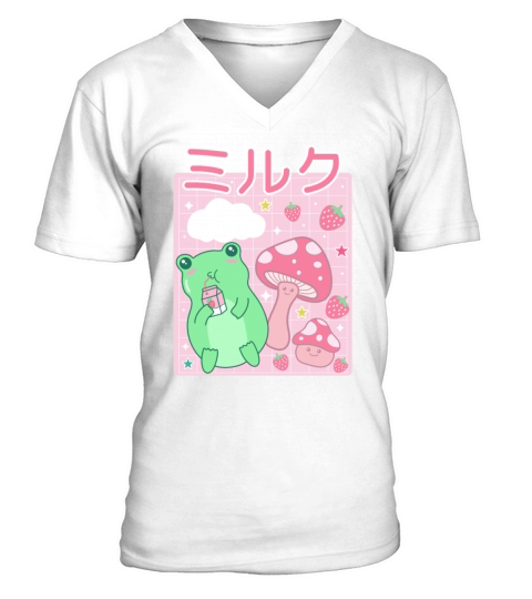 Kawaii Frog Japanese Cottagecore Mushroom V-Neck T-shirt