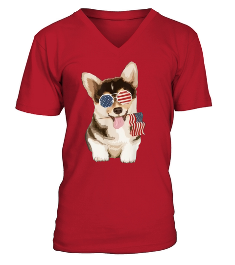 Pembroke Welsh Corgi Dog American Flag Sunglasses shirt V-Neck T-shirt