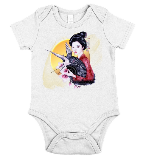 Japanese Geisha Bamboo Cherry Blossom Graphic Art Short Sleeve Baby One-Piece