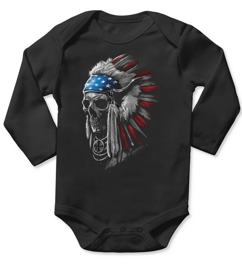 PATRIOTIC Native American Indian Chief Skull FLAG T-SHIRT Black Long Sleeve Baby One-Piece