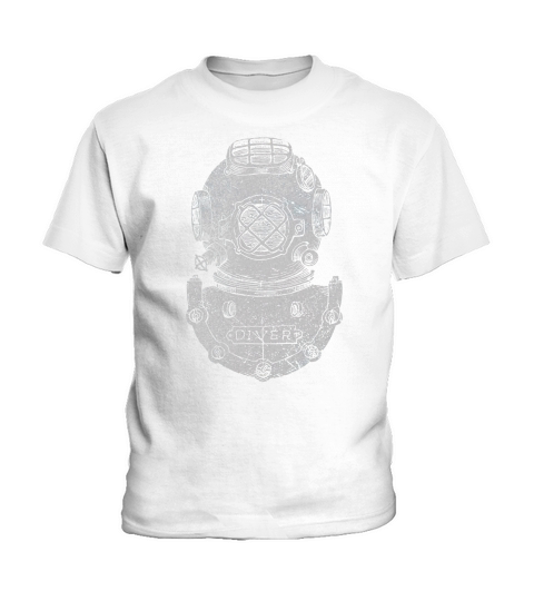 Vintage Deep Sea Diver Helmet Block Print Illustration on Dark Kids T-Shirt