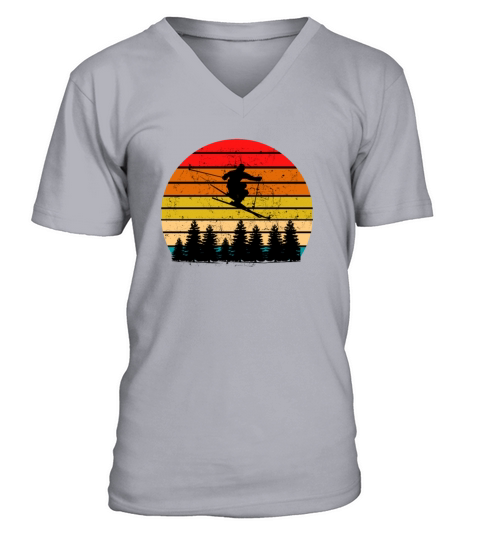 Vintage Sunset Skiing Snow Mountain Cute Gift V-Neck T-shirt
