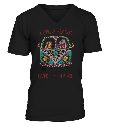 Hippie car a girl and her dog living life in peace V-Neck T-shirt