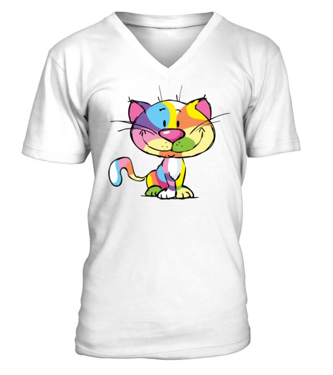 Cute Kitty Cartoon Colorful Pop Art Design V-Neck T-shirt