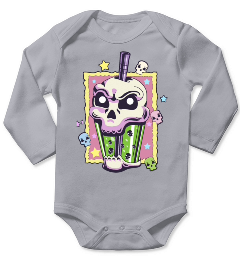 Kawaii Creepy Skull Boba Bubble Tea Pastel Goth Va Long Sleeve Baby One-Piece
