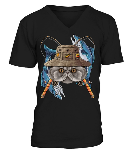 Fishing Persian Outdoor Fisherman Cat Cute Fly Fis V-Neck T-shirt