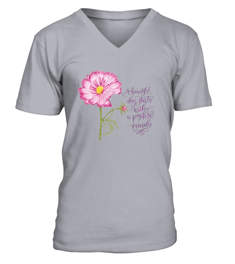 Flower and positive mind lettering V-Neck T-shirt