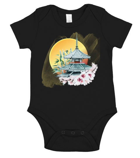 Japanese Temple Cherry Blossom Graphic Art Short Sleeve Baby One-Piece