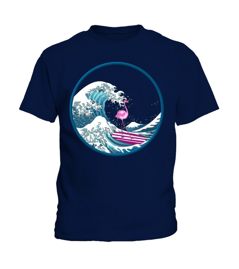 Japanese Vintage Kanagawa Art - Surfing Flamingo Kids T-Shirt