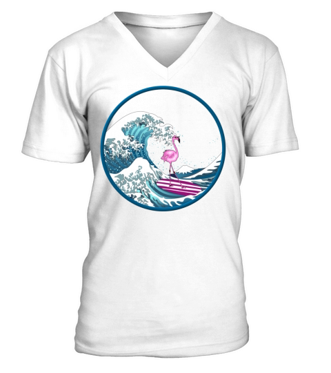 Japanese Vintage Kanagawa Art - Surfing Flamingo V-Neck T-shirt