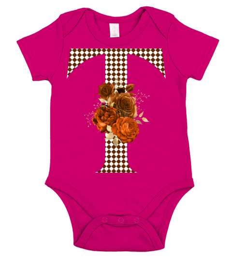 Harlequin Brown Floral Monogram Letter T Short Sleeve Baby One-Piece