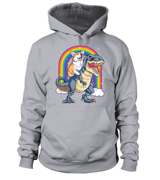 Corgi Riding Dinosaur T rex Shirt Funny Rainbow Men's Hoodie