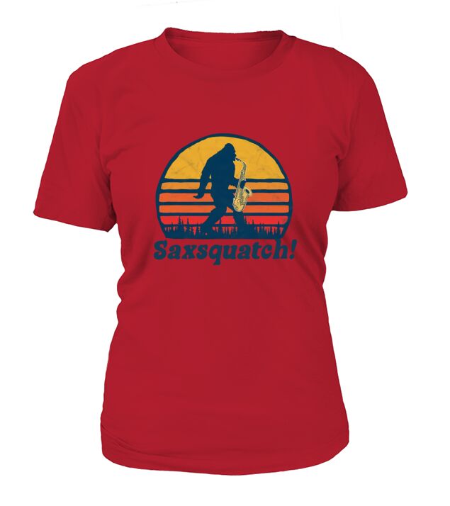 Saxsquatch  Funny Bigfoot Saxophone Retro Sun Graphic T-Shirt Woman