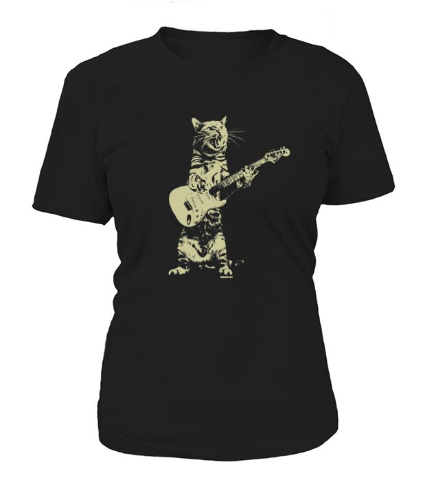 Cat Playing Guitar Kitten Plays Guitarist Rockstar Heather Navy T-Shirt Woman