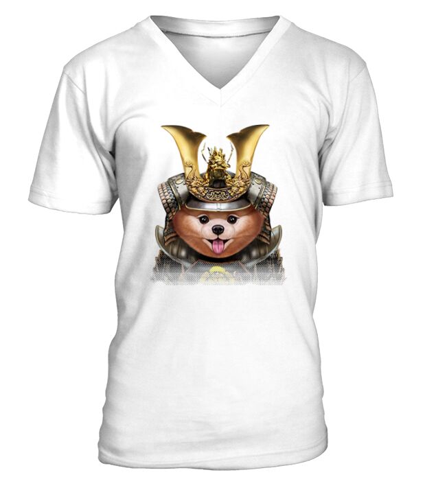 Cream Pomeranian Dog in Japanese Samurai Armor V-Neck T-shirt