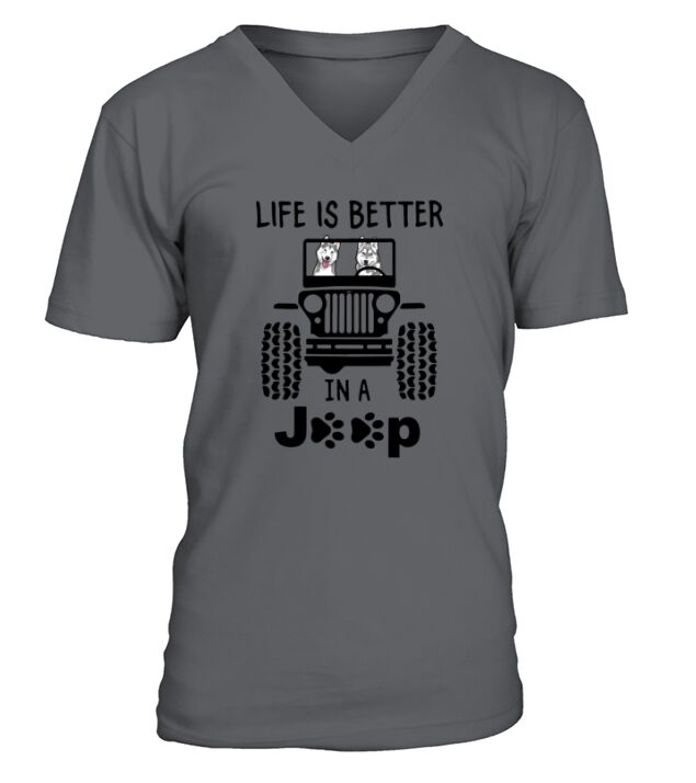 Husky In A Jeep V-Neck T-shirt