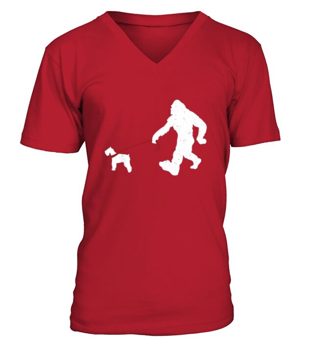 Bigfoot Walking With Schnauzer Dog V-Neck T-shirt