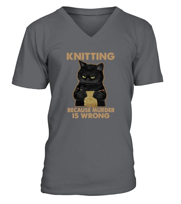 Black Cat Knitting Because Murder Is wrong V-Neck T-shirt