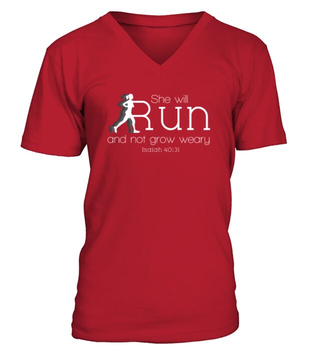 She Will Run And Not Grow Weary Christian Running V-Neck T-shirt