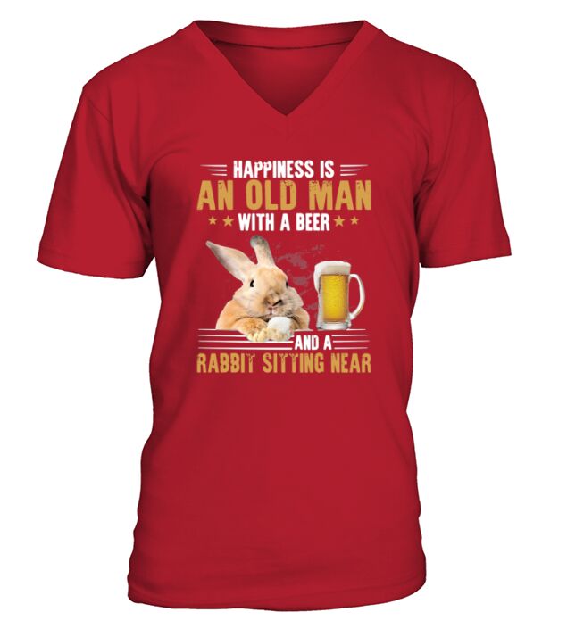 Happiness is an old man with a beer and a rabbit sitting near V-Neck T-shirt