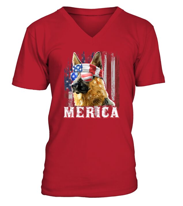 Merica German Shepherd Dog 4th of July American Flag V-Neck T-shirt