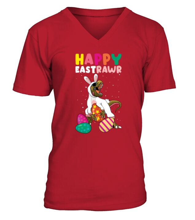2022 Greetings Dinosaur Bunny Happy Easter Sunday V-Neck T-shirt