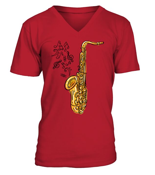 Cool Saxophone and Notes Gift Idea Jazz Musicians V-Neck T-shirt