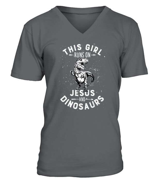 This girl runs on Jesus and Dinosaurs V-Neck T-shirt