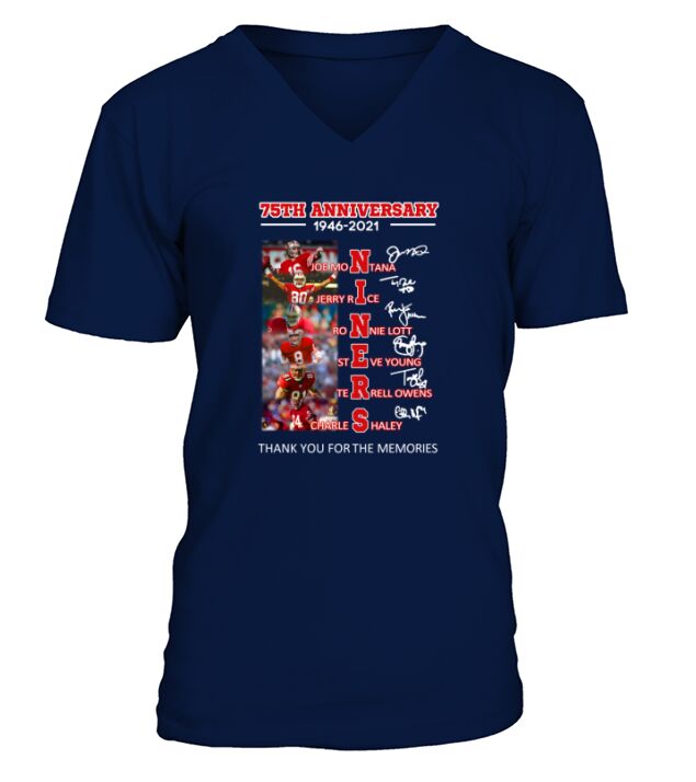 75th Anniversary 1946 2021 Niners Signatures Thank You For The Memories V-Neck T-shirt