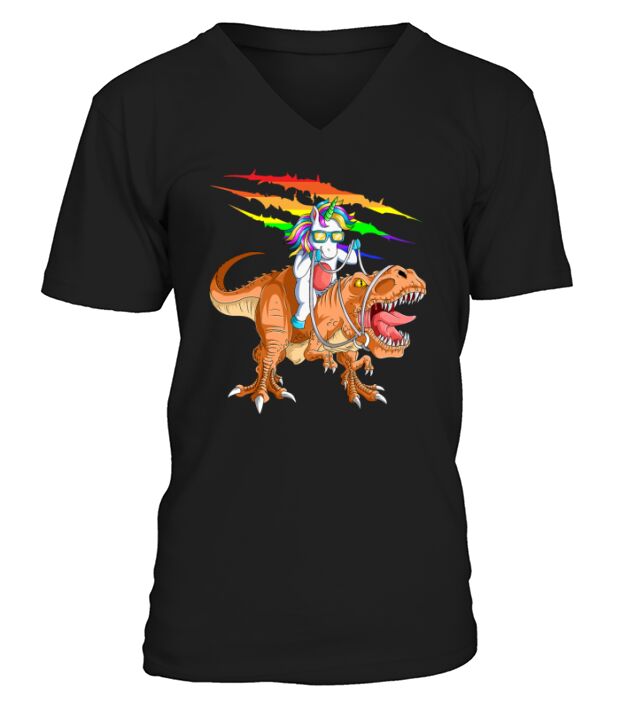Unicorn Riding T Rex V-Neck T-shirt