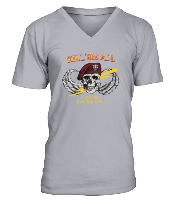 Vintage Skull Kill em All Let God Sort em Out V-Neck T-shirt