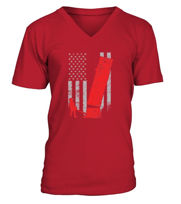 Logging Flag Red Logger Felling a Tree on US Flag V-Neck T-shirt