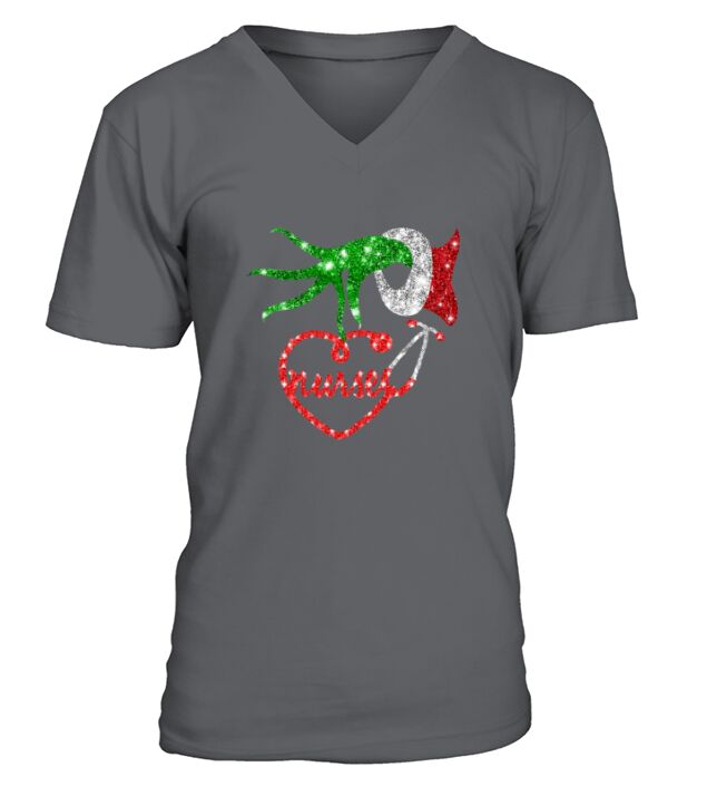 Nurse Grinch hand holding stethoscope Christmas V-Neck T-shirt