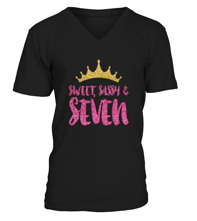 Birthday Girl Sweet Sassy And Seven With Crown Glitters V-Neck T-shirt