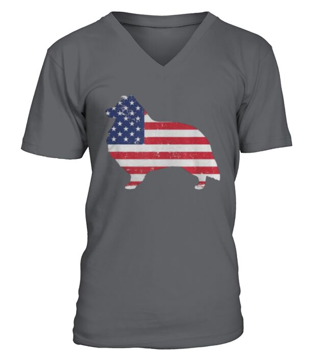 Sheltie Shetland Sheepdog American Flag 4th Of July Dog Shirt V-Neck T-shirt